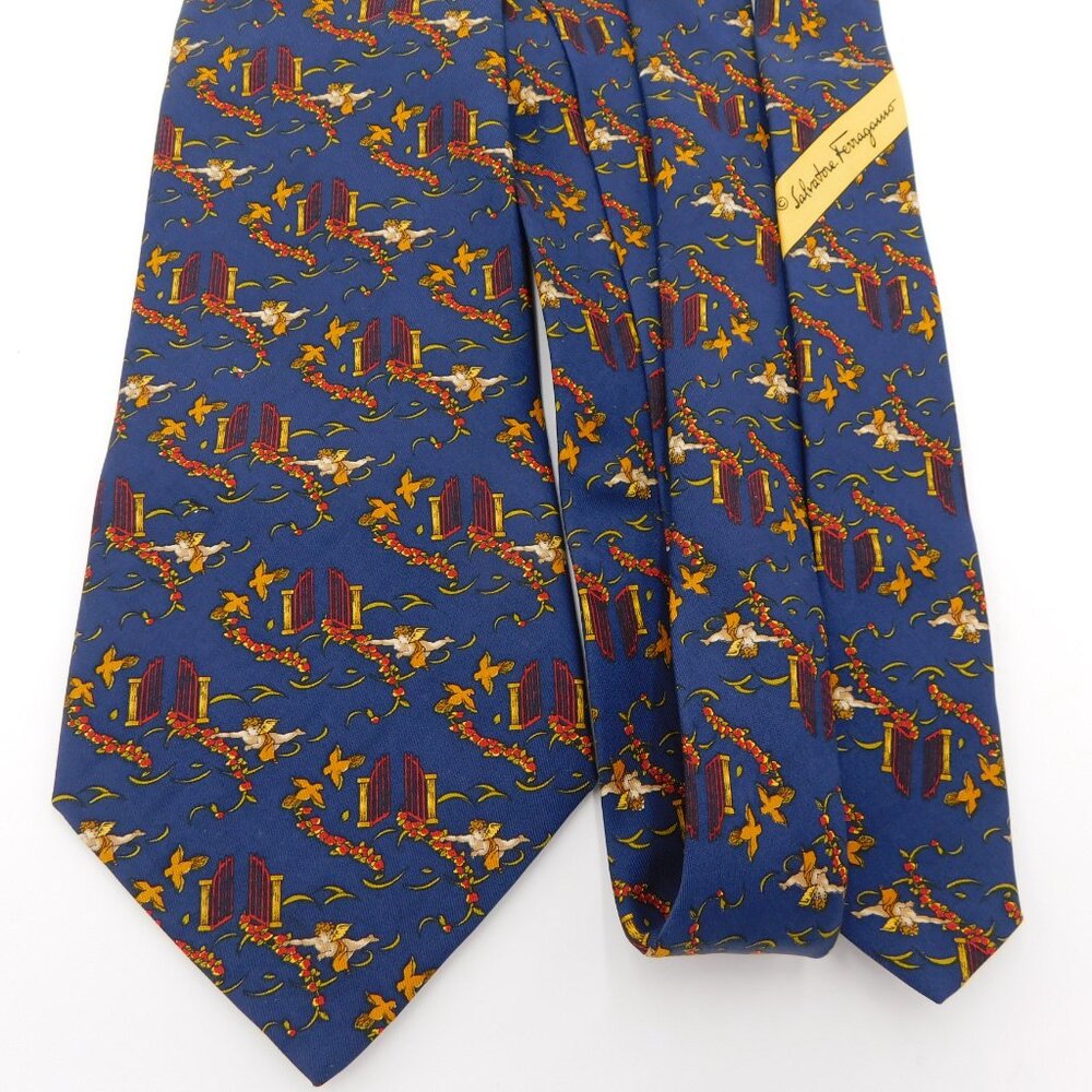 Salvatore Ferragamo Dark Royal Blue Silk Tie | Angels Doves Heaven's Gate | EUC - Picture 3 of 7